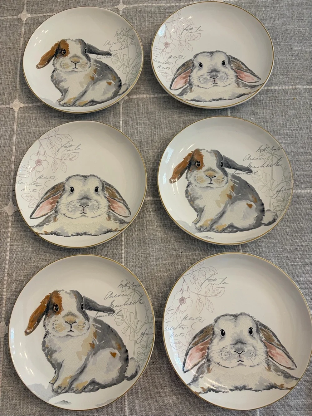 SET OF 6 Pier 1 Elegant Gray Bunnies APPETIZER SALAD DESSERT PLATES, PORCELAIN